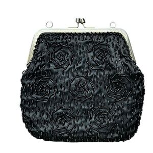 Vintage Walbaeg Black Satin Beaded Kisslock Evening Bag